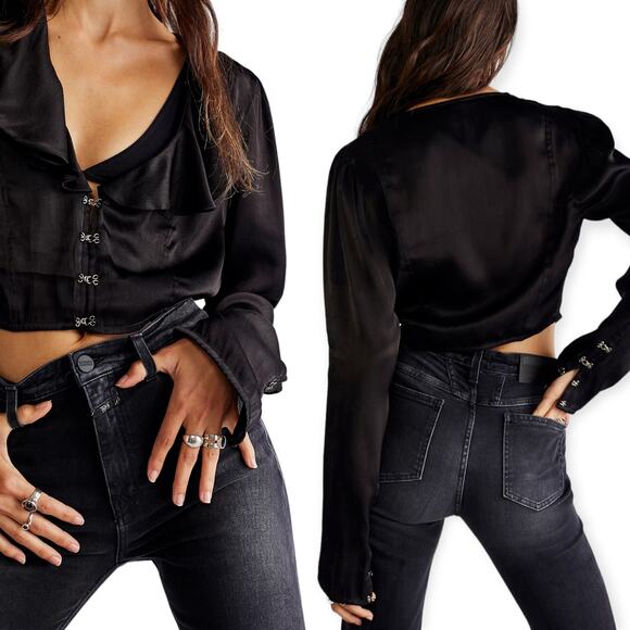 Free People black satin cropped hook & Eye blouse - Picture 1 of 10